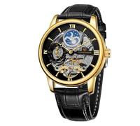 DAXIAOYU Montre mécanique automatique à double fuseau horaire pour homme - Étanche - Phase de lune - Bracelet en cuir véritable - Tourbillon, Doré/noir, Entreprise