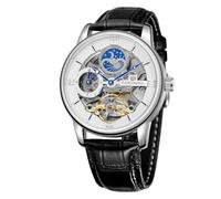 DAXIAOYU Montre mécanique automatique à double fuseau horaire pour homme - Étanche - Phase de lune - Bracelet en cuir véritable - Tourbillon, argenté/blanc, Entreprise