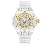 DAXIAOYU Montre mécanique automatique à motif squelette creux pour homme, boîtier transparent unique, bracelet en silicone, montre de sport, Jaune blanc, Sports