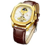 DAXIAOYU Montre mécanique automatique pour homme - Cadran octogonal - Phase de la lune - Tourbillon - Bracelet en cuir véritable, Doré/blanc, Luxe :