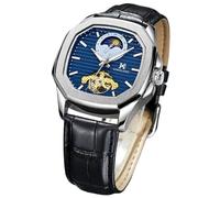 DAXIAOYU Montre mécanique automatique pour homme - Cadran octogonal - Phase de la lune - Tourbillon - Bracelet en cuir véritable, Bleu argenté, Luxe :