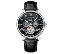 DAXIAOYU Montre mécanique automatique pour homme, montre tourbillon creuse, cadran de luxe étanche, date et semaine, bracelet en cuir, montre tendance, horloge homme pour les loisirs, noir/argenté,