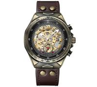 DAXIAOYU Montre mécanique automatique rétro en bronze pour homme, montre squelette de luxe steampunk 3D, cadran vintage à chiffres romains, bracelet en cuir véritable lumineux, marron, Rétro