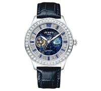 DAXIAOYU Montre mécanique pour homme en cuir véritable avec incrustation de strass - Étanche - Lumineuse - Automatique, Bleu