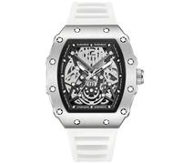DAXIAOYU Montre mécanique pour homme en forme de tonneau de vin avec grand cadran lumineux et bracelet automatique en silicone étanche, argenté/blanc, Sports