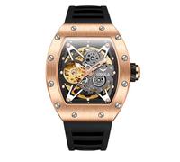 DAXIAOYU Montre squelette Tonneau de luxe pour homme - Montre mécanique entièrement automatique - Lumineuse et étanche - Bracelet en silicone polychrome - Pour les affaires décontractées, Rose/noir
