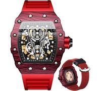 DAXIAOYU Unique Hommes Automatique Montres Tonneau Squelette Mécanique Remontage Automatique Mode Sport Bande Silicone Homme Montre-bracelet Étanche Lumineuse, Rouge, Tendance