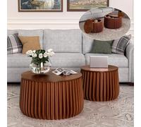 DAXUESEH Lot de 2 tables basses rondes cannelées avec couvercle amovible - Table d'appoint en bois moderne du milieu du siècle avec grand espace de rangement pour salon (I)
