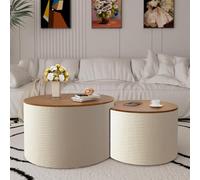 DAXUESEH Lot de 2 tables basses rondes cannelées avec couvercle amovible - Table d'appoint en bois moderne du milieu du siècle avec grand espace de rangement pour salon (A)