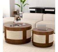 DAXUESEH Lot de 2 tables basses rondes cannelées avec couvercle amovible - Table d'appoint en bois moderne du milieu du siècle avec grand espace de rangement pour salon (F)