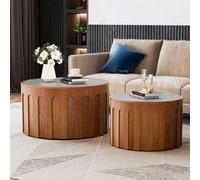 DAXUESEH Lot de 2 tables basses rondes cannelées avec couvercle amovible - Table d'appoint en bois moderne du milieu du siècle avec grand espace de rangement pour salon (E)