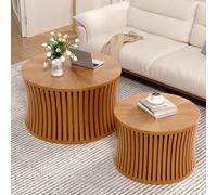 DAXUESEH Lot de 2 tables basses rondes cannelées avec couvercle amovible - Table d'appoint moderne en bois du milieu du siècle avec grand espace de rangement pour salon (D)