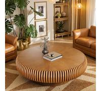 DAXUESEH Table basse ronde cannelée moderne et unique du milieu du siècle avec piédestal, fabriquée à la main, pour petit appartement, marron