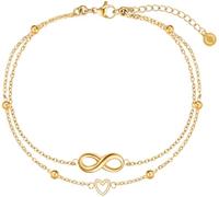 day berlin Bracelet de cheville Femme Alia plaqué or 18 carats double fil avec cœur et symbole de l'infini, acier inoxydable 316L, 22 cm + 5 cm réglable, sans nickel et résistant à l'eau