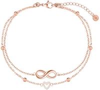 day berlin Bracelet de cheville Femme Alia plaqué or 18 carats double fil avec cœur et symbole de l'infini, acier inoxydable 316L, 22 cm + 5 cm réglable, sans nickel et résistant à l'eau