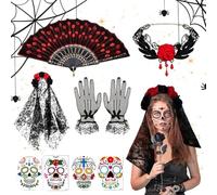 Day Dead Costume - Black Lace Fabric, Five Piece Gothic Outfit Set, Rose Ve | Horror Outfit Fan Necklace Day Of The Dead Costumes For Women Go Stage Role Play Fancy Ball Masquerade Daily Wear Celebration