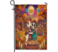 Day of the Dead Bull Terrier Drapeaux de jardin en toile de jute double face pour extérieur, squelette amusant pour petite maison, ferme, porche, pelouse, drapeaux
