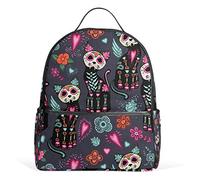 Day Of The Dead Cat Sac à dos imperméable à bandoulière Sac à dos de gym Motif crâne en sucre cœur ailes de fleurs Coloré Sac de jour décontracté Voyage en plein air Sac de sport pour femme et homme