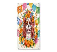 Day of the Dead Cavalier King Charles Spaniel Bannière décorative pour porte d'entrée Motif crâne floral Décoration de fond pour intérieur ou extérieur 91,4 x 183 cm