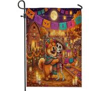 Day of the Dead Chow Chow Dog - Drapeaux de jardin en toile de jute - 30,5 x 45,7 cm - Double face pour extérieur, squelette amusant - Pour petite maison, ferme, porche, pelouse
