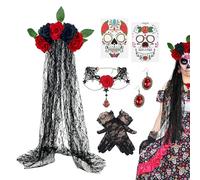 Day Of The Dead Costume | Jour des Gants Boucles d'oreilles | Gants en Dentelle Voile Boucles d'oreilles Collier Accessoires de Costume pour Femmes Adultes Cosplay Fête Halloween