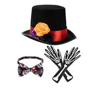 Day of the Dead Costume - Rose Design Halloween Hat, Skeleton Gloves | Chapeau tricolore floral avec nœud papillon réglable, tissu respirant pour fête, Halloween et séances photo à thème