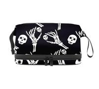 Day of The Dead Crâne et Squelette Main Double Couche Cosmétique Trousse de Toilette Voyage Maquillage Trousse de Toilette Sac Organisateur avec Compartiment Brosse, multicolore, 27x15x14