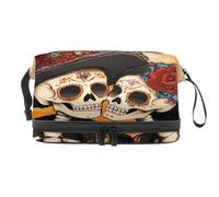 Day of The Dead Crâne Squelette Couple Double Couche Trousse de Toilette Voyage Trousse de Toilette Maquillage Pratique Pochette Organisateur avec Compartiment Brosse, multicolore, 27x15x14
