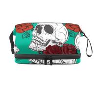 Day of The Dead Crânes avec roses rouges Double couche Trousse de toilette de voyage pour femme et fille Trousse de toilette de voyage Trousse de maquillage pratique avec compartiment à brosse,