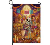 Day of the Dead Devon Rexs Drapeaux de jardin en toile de jute double face pour extérieur, squelette amusant pour petite maison, ferme, porche, pelouse, drapeaux