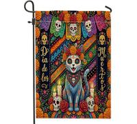 Day of the Dead Drapeaux de jardin en toile de jute avec chats bleus russes 30,5 x 45,7 cm double face pour l'extérieur, motif fleurs, crâne, petits drapeaux de pelouse, drapeaux gothiques pour maison