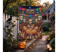 Day of the Dead Fiesta Celebration Sugar Skulls Drapeau de jardin 30,5 x | Bannières Papel Picado, drapeau de cour, personnages de nourriture dansante, décoration de cour festive