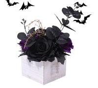 Day of the Dead Fleurs noires artificielles - Décoration florale d'Halloween, roses gothiques en soie | Bouquet de fleurs foncées moyennes avec pot en bois, arrangement central inquiétant pour la