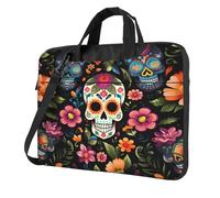 Day Of The Dead Housse de protection antichoc pour ordinateur portable de 15,6" avec bandoulière Motif tête de mort et fleurs, multicolore, 14 inch