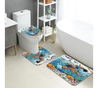 Day of The Dead Lot de 3 tapis de salle de bain en flanelle absorbant et antidérapant en forme de U à séchage rapide Motif tête de mort colorée