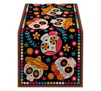 Day of the Dead Natecloth - Halloween Tissu Table Runner, Sugar Skull Pattern Decor | Décoration ofenda mexicaine colorée pour table à manger, salon et étude pour les célébrations de Día de Los Muerto