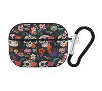 Day of The Dead - Organiseur pour écouteurs avec motif floral et tête de mort - Housse de protection antichoc avec mousqueton et clip anti-chute pour Airpods Pro 2e génération - Noir
