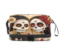 Day of The Dead Skull Skeleton Trousse de toilette double couche pour femmes et filles, trousse de toilette de voyage, trousse de maquillage pratique avec compartiment à brosse, multicolore, 27x15x14
