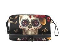Day of The Dead Skull Trousse à maquillage double couche pour femmes et filles, trousse de toilette de voyage, trousse de maquillage pratique avec compartiment à brosse, multicolore, 27x15x14