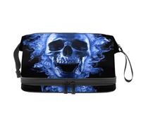 Day of The Dead Skull with Blue Fire Trousse à cosmétiques double couche pour femmes et filles, trousse de toilette de voyage, trousse de maquillage pratique avec compartiment à brosse, multicolore,