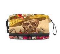 Day of the Dead Skull with Flowers Sombrero Double Layer Cosmetic Bag for Women and Girls Travel Toiletry Bag Makeup Handy Pouch Organizer Bag With Brush Compartiment, multicolore, 27x15x14