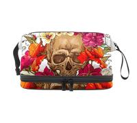 Day of the Dead Skull with Flowers Trousse de toilette double couche pour femmes et filles, trousse de toilette de voyage, trousse de maquillage pratique avec compartiment à brosse, multicolore,