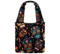 Day of the Dead Skulls Sac fourre-tout en toile pour femme, sac d'épicerie réutilisable avec large poignée, Multicolore 02, 14.1x14.9in/36x38cm