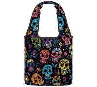 Day of the Dead Skulls Sac fourre-tout en toile pour femme, sac d'épicerie réutilisable avec large poignée, Multicolore 01., 14.1x14.9in/36x38cm