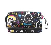 Day of The Dead Skulls Trousse de toilette double couche pour femmes et filles Trousse de toilette de voyage Trousse de maquillage pratique avec compartiment à brosse, multicolore, 27x15x14