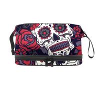 Day of The Dead Sugar Skull Trousse à maquillage double couche pour femmes et filles Trousse de toilette de voyage Trousse de maquillage pratique avec compartiment à brosse, multicolore, 27x15x14
