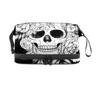 Day of The Dead Sugar Skull with Flowers Double Layer Cosmetic Bag for Women and Girls Travel Toiletry Bag Makeup Handy Pouch Organizer Bag With Brush Compartiment, multicolore, 27x15x14