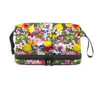 Day of The Dead Sugar Skull with Flowers Double Layer Cosmetic Bag for Women and Girls Travel Toiletry Bag Makeup Handy Pouch Organizer Bag With Brush Compartiment, multicolore, 27x15x14