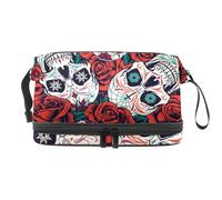 Day of The Dead Sugar Skulls Trousse de toilette double couche pour femmes et filles avec compartiment à pinceaux, multicolore, 27x15x14 cm/10.6x5.9x5.5 in, Trousse de toilette