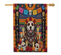 Day of the Dead Terre-Neuve Dog Front Yard Backyard Linen Vertical House Drapeaux 28 x 40 cm Double Face pour extérieur, Fleurs Crâne Imprimé Drapeaux pour Maison Gothique